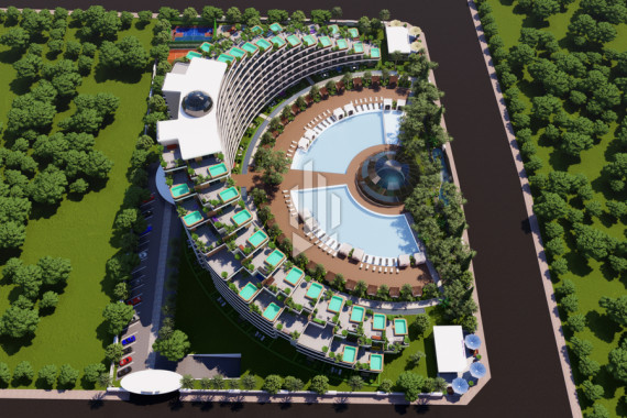 Apartments in a residential complex with a unique crescent moon design